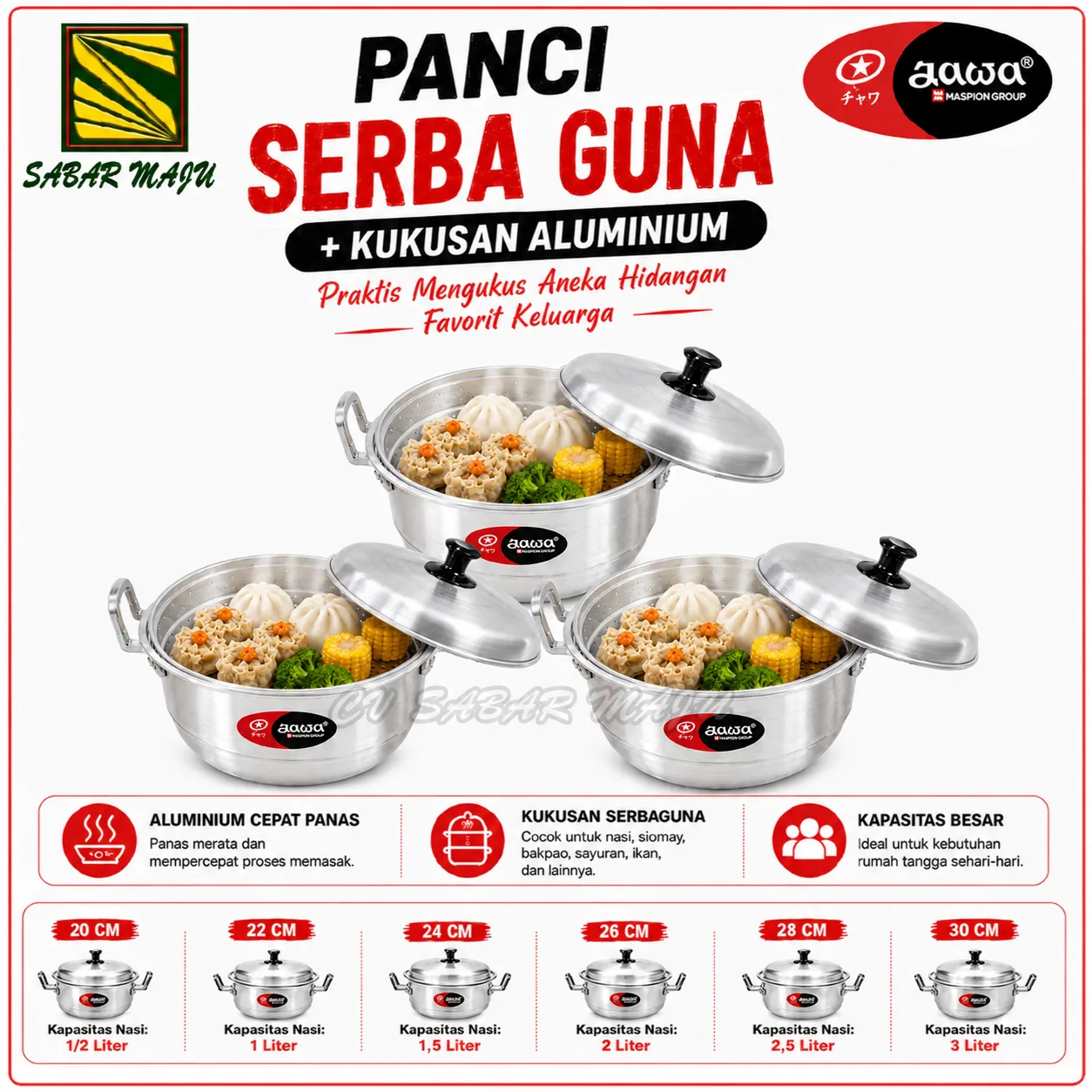 Panci Kukusan Alumunium 20, 22, 24, 26, 28, 30 CM Jawa